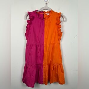 THML Color Block Pink Orange Ruffle Sleeve Mini Tiered Size Small EUC Cotton